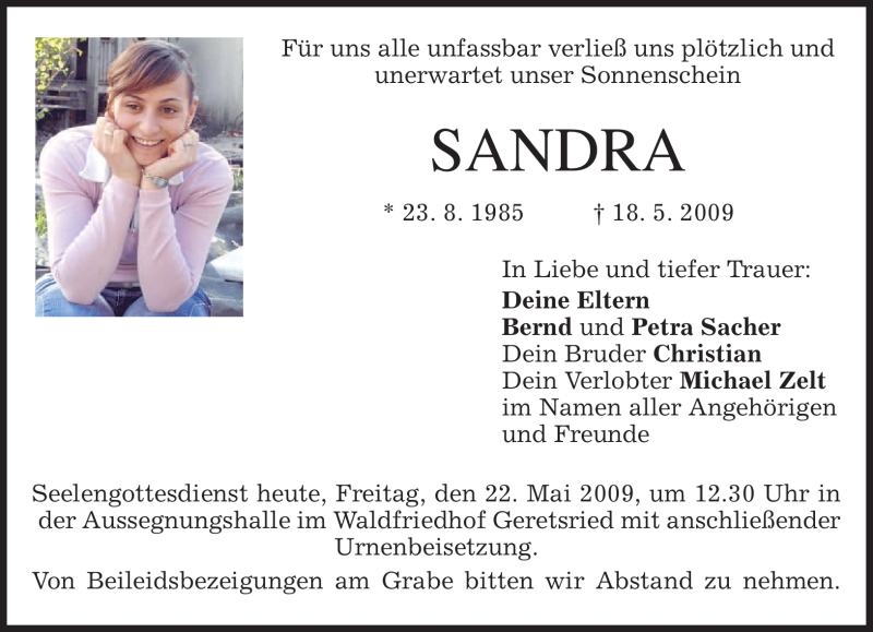  Traueranzeige für Sandra Sacher vom 22.05.2009 aus MERKUR & TZ