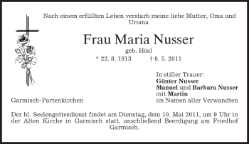 Traueranzeige von Maria Nusser von MERKUR & TZ