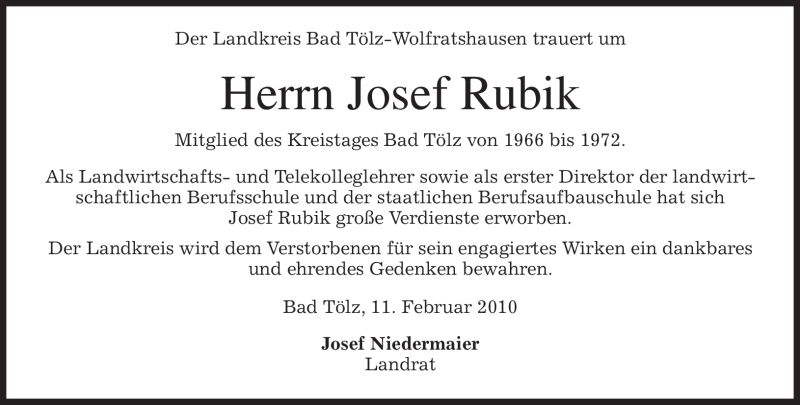  Traueranzeige für Josef Rubik vom 12.02.2010 aus MERKUR & TZ