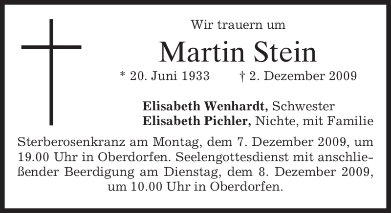  Traueranzeige für Martin Stein vom 05.12.2009 aus MERKUR & TZ