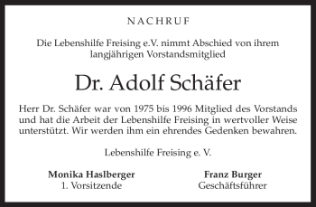 Traueranzeige von Adolf Schäfer von MERKUR & TZ