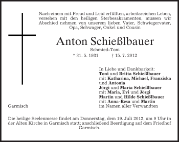 Traueranzeige von Anton Schießlbauer von MERKUR & TZ