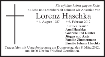 Traueranzeige von Lorenz Haschka von MERKUR & TZ