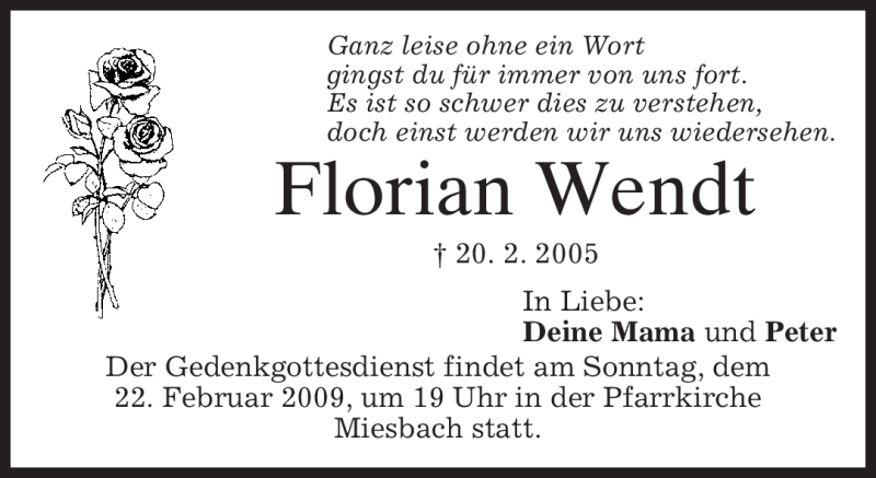  Traueranzeige für Florian Wendt vom 21.02.2009 aus MERKUR & TZ