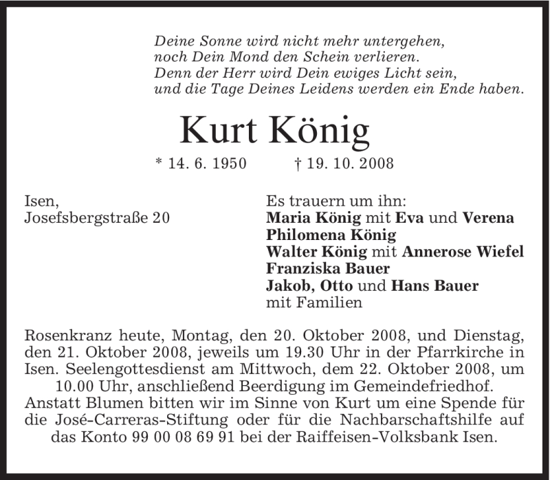  Traueranzeige für Kurt König vom 20.10.2008 aus MERKUR & TZ