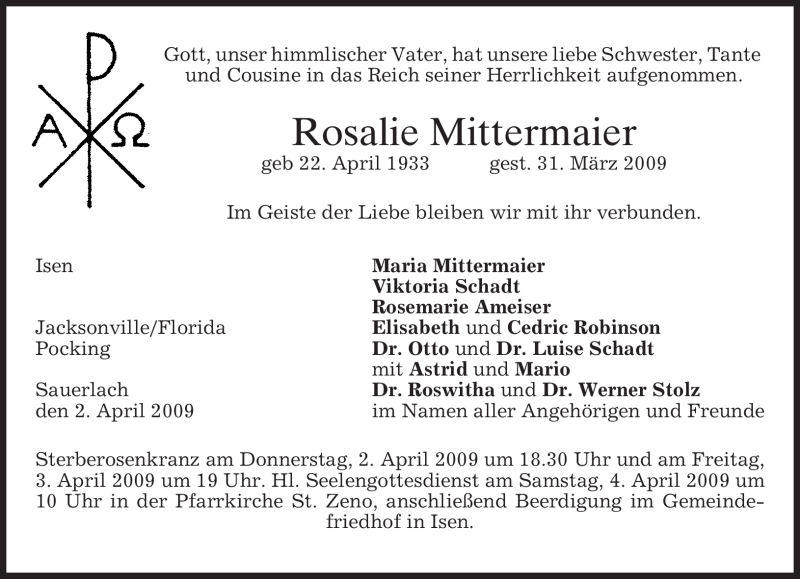  Traueranzeige für Rosalie Mittermaier vom 02.04.2009 aus MERKUR & TZ