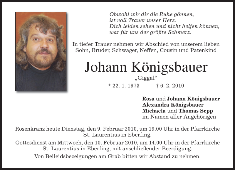  Traueranzeige für Johann Königsbauer vom 09.02.2010 aus MERKUR & TZ
