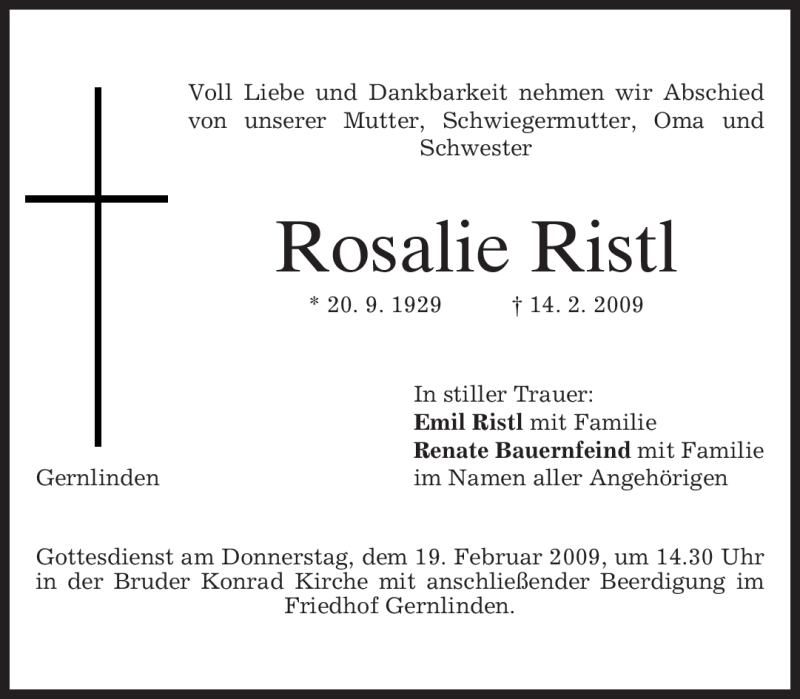  Traueranzeige für Rosalie Ristl vom 17.02.2009 aus MERKUR & TZ