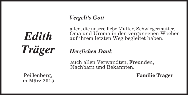  Traueranzeige für Edith Träger vom 21.03.2015 aus merkurtz
