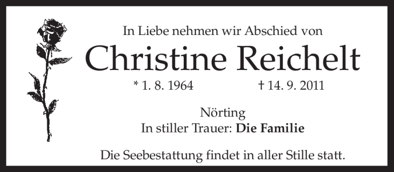  Traueranzeige für Christine Reichelt vom 16.09.2011 aus MERKUR & TZ