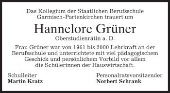 Traueranzeige von Hannelore Grüner von MERKUR & TZ