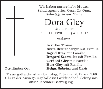 Traueranzeige von Dora Gley von MERKUR & TZ