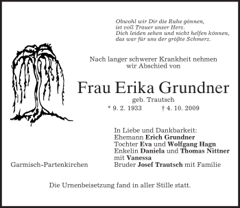 Traueranzeige von Erika Grundner von MERKUR & TZ