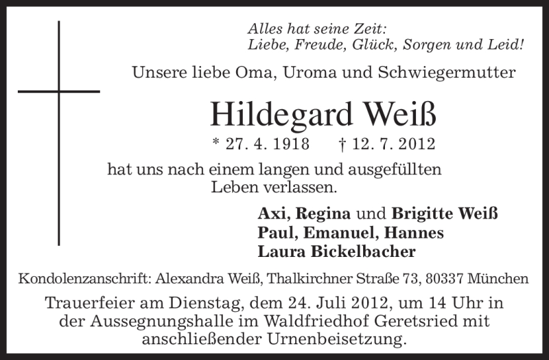 Traueranzeigen von Hildegard Weiß | trauer.merkur.de