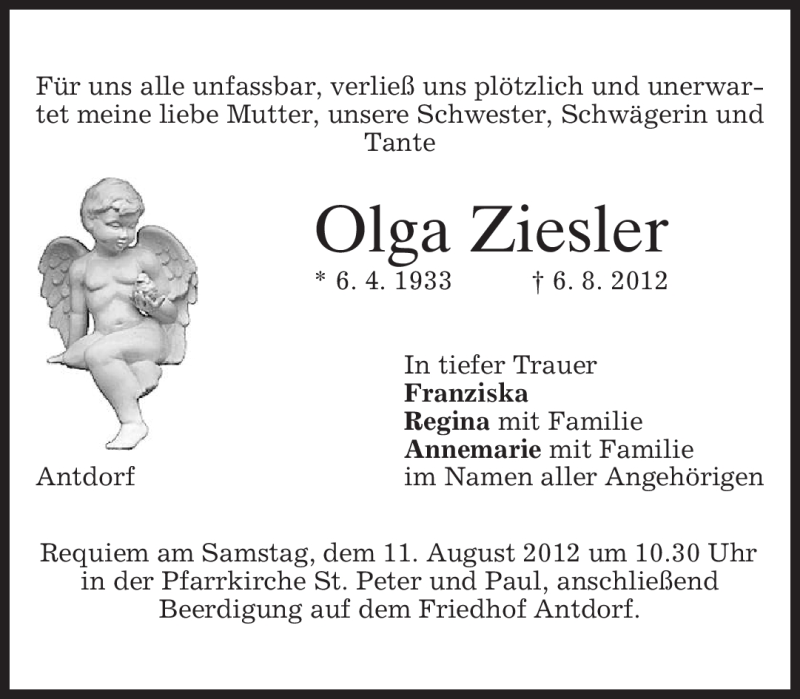  Traueranzeige für Olga Ziesler vom 09.08.2012 aus MERKUR & TZ