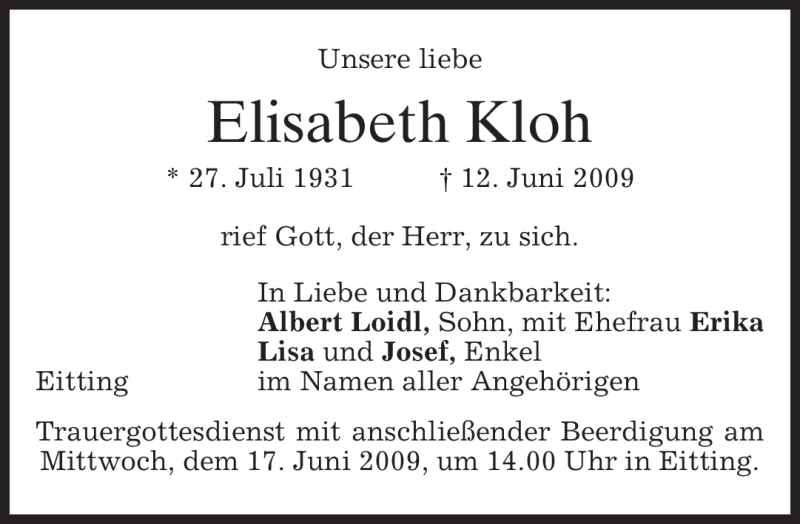  Traueranzeige für Elisabeth Kloh vom 15.06.2009 aus MERKUR & TZ