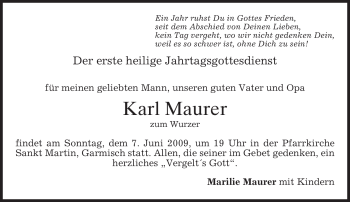 Traueranzeige von Karl Maurer von MERKUR & TZ