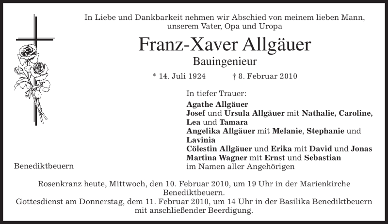  Traueranzeige für Franz-Xaver Allgäuer vom 10.02.2010 aus MERKUR & TZ