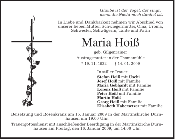 Traueranzeige von Maria Hoiß von MERKUR & TZ