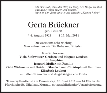 Traueranzeige von Gerta Brückner von MERKUR & TZ