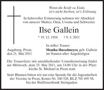 Traueranzeige von Ilse Gallein von MERKUR & TZ