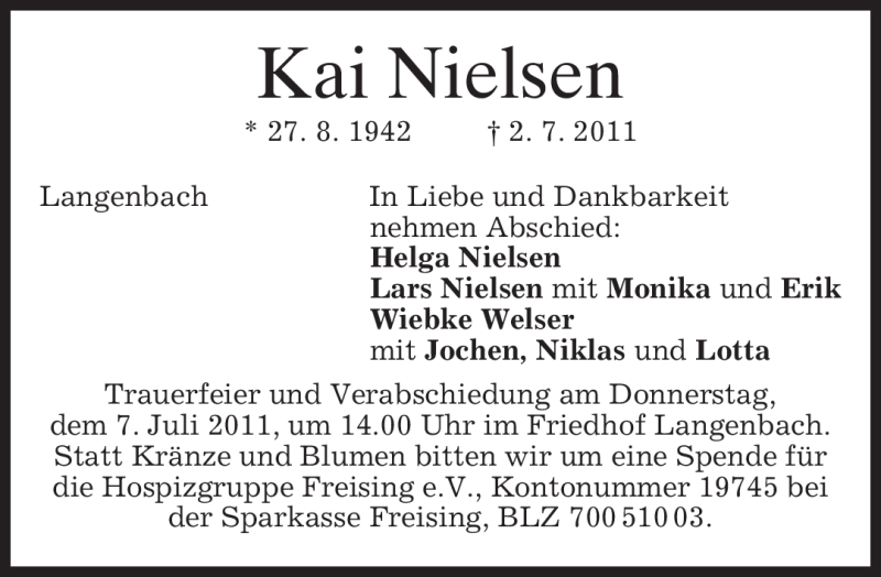  Traueranzeige für Kai Nielsen vom 05.07.2011 aus MERKUR & TZ