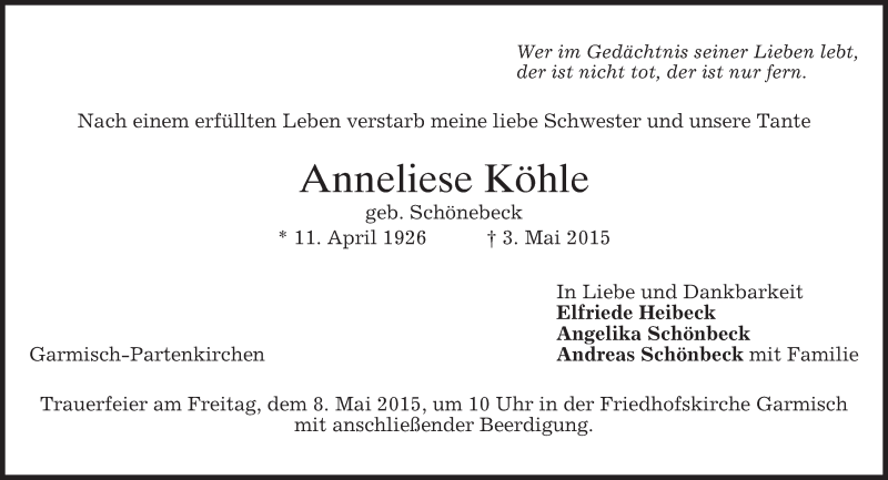  Traueranzeige für Anneliese Köhle vom 06.05.2015 aus merkurtz