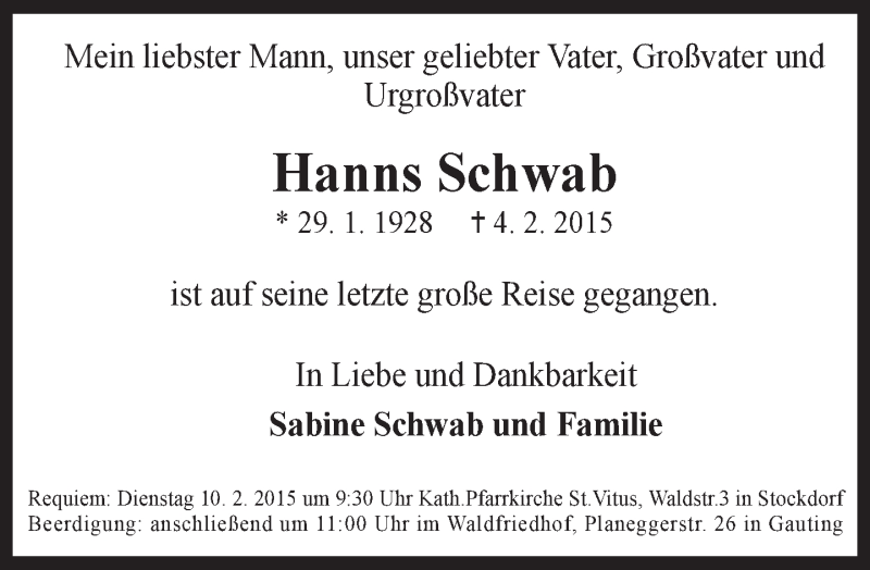  Traueranzeige für Hanns Schwab vom 07.02.2015 aus merkurtz