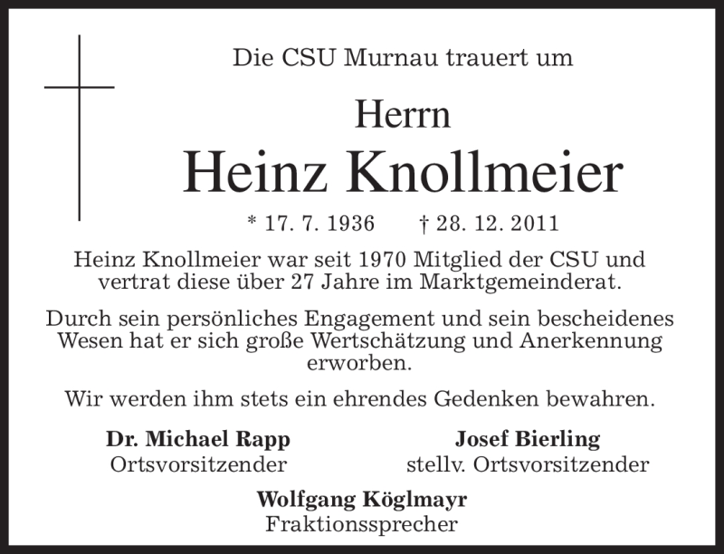  Traueranzeige für Heinz Knollmeier vom 31.12.2011 aus MERKUR & TZ