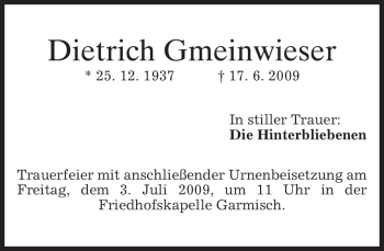 Traueranzeige von Dietrich Gmeinwieser von MERKUR & TZ