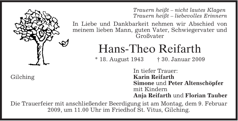  Traueranzeige für Hans-Theo Reifarth vom 07.02.2009 aus MERKUR & TZ