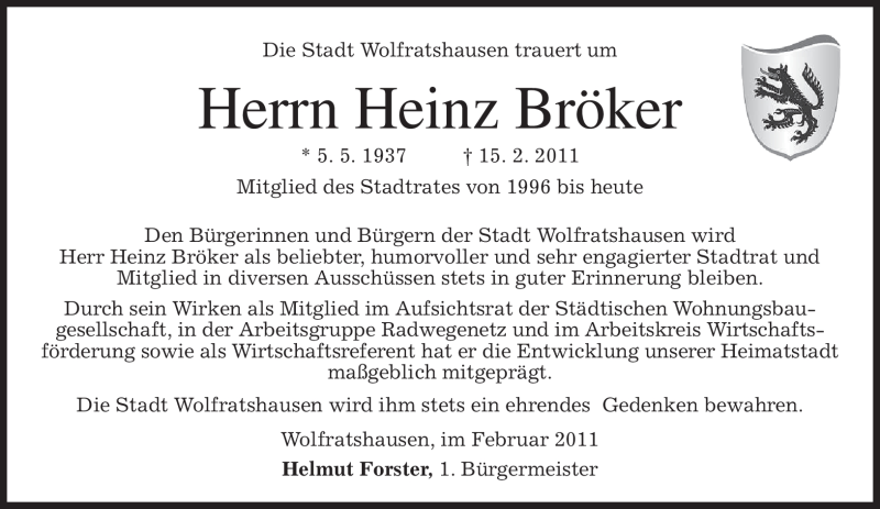  Traueranzeige für Heinz Bröker vom 22.02.2011 aus MERKUR & TZ