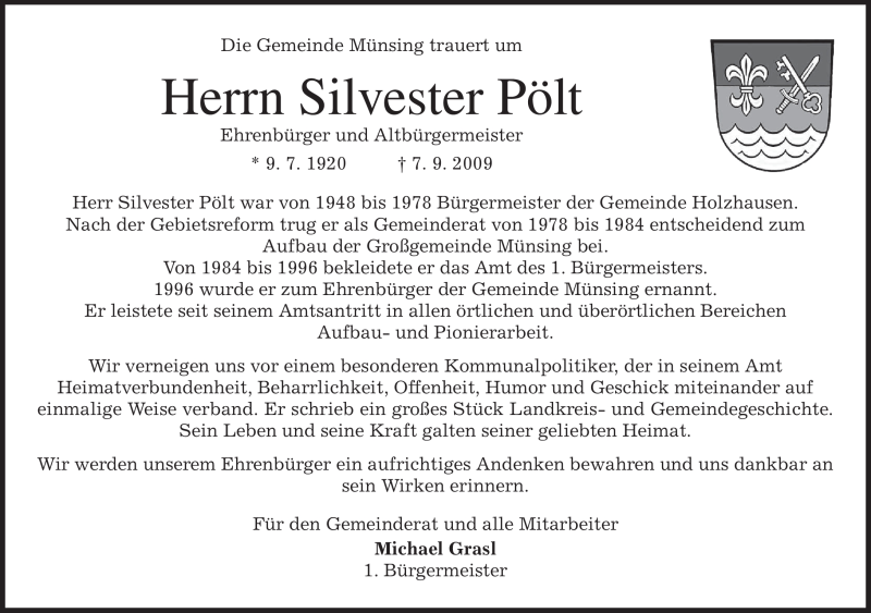  Traueranzeige für Silvester Pölt vom 09.09.2009 aus MERKUR & TZ