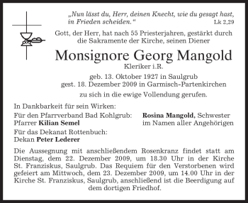 Traueranzeige von Georg Mangold von MERKUR & TZ