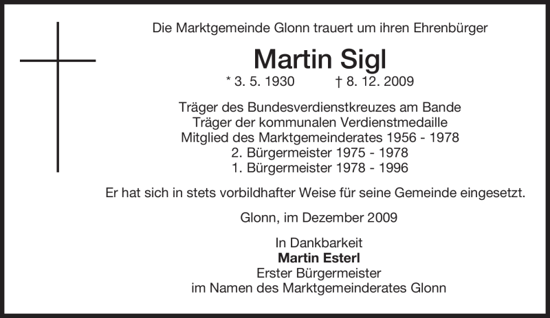  Traueranzeige für Martin Sigl vom 10.12.2009 aus MERKUR & TZ