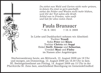 Traueranzeige von Paula Brunauer von MERKUR & TZ