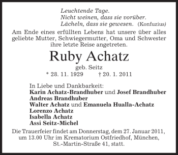 Traueranzeige von Ruby Achatz von MERKUR & TZ