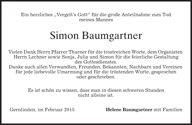  Traueranzeige für Simon Baumgartner vom 28.02.2015 aus merkurtz