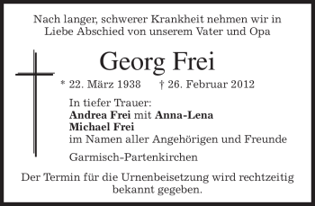 Traueranzeige von Georg Frei von MERKUR & TZ