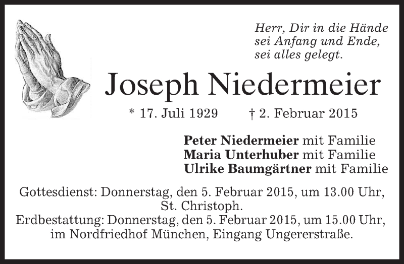  Traueranzeige für Joseph Niedermeier vom 04.02.2015 aus merkurtz