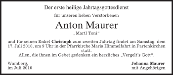 Traueranzeige von Anton Maurer von MERKUR & TZ