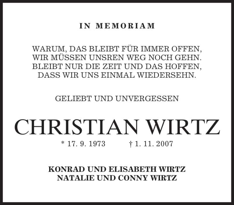  Traueranzeige für Christian Wirtz vom 31.10.2009 aus MERKUR & TZ