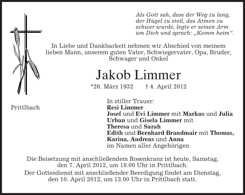  Traueranzeige für Jakob Limmer vom 07.04.2012 aus MERKUR & TZ