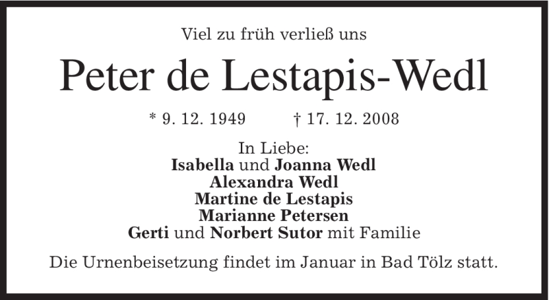  Traueranzeige für Peter de Lestapis-Wedl vom 20.12.2008 aus MERKUR & TZ