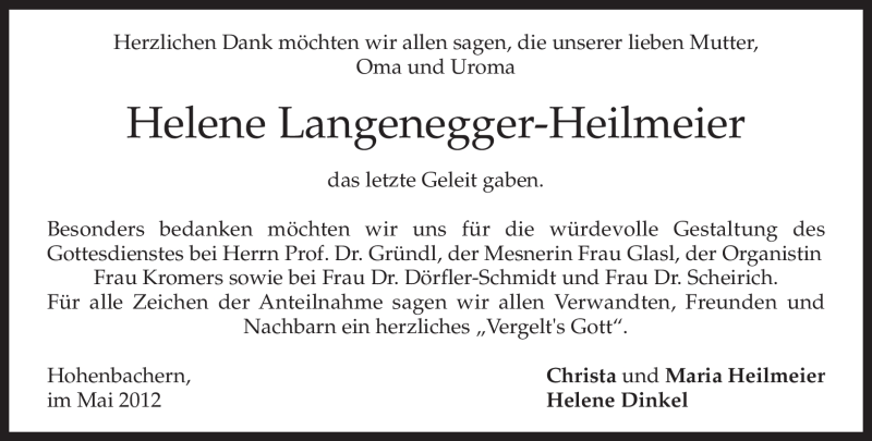  Traueranzeige für Helene Langenegger-Heilmeier vom 26.05.2012 aus MERKUR & TZ