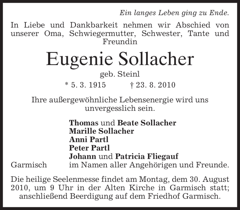 Traueranzeige für Eugenie Sollacher vom 27.08.2010 aus MERKUR & TZ