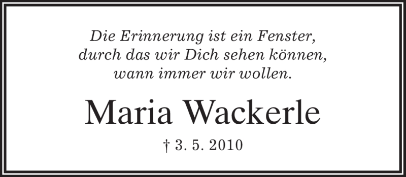  Traueranzeige für Maria Wackerle vom 07.05.2011 aus MERKUR & TZ