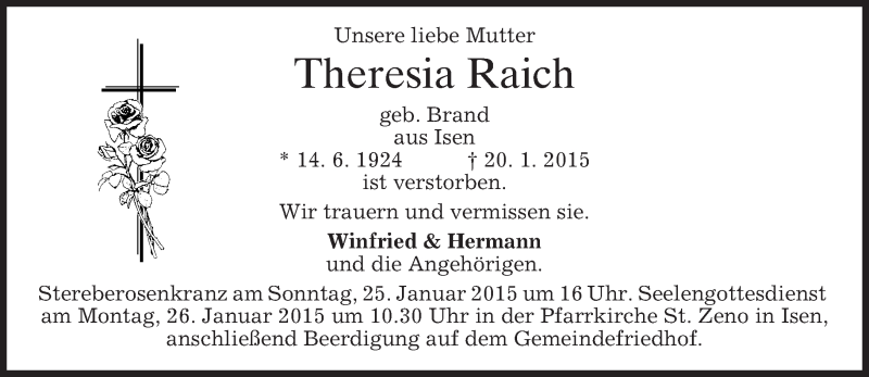  Traueranzeige für Theresia Raich vom 24.01.2015 aus merkurtz