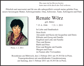 Traueranzeige von Renate Wörz von MERKUR & TZ