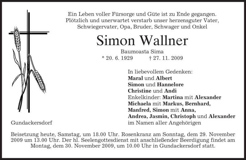  Traueranzeige für Simon Wallner vom 28.11.2009 aus MERKUR & TZ